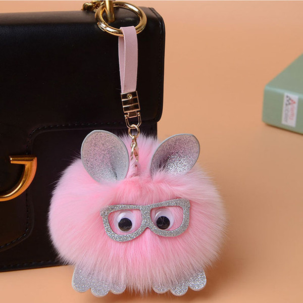 Ms.Minshu Rabbit Fur Keychain Fashion Girl Bag Charm Genuine Rabbit Fur Charm Key chain Cute Rabbit Keyring Pompom Charm