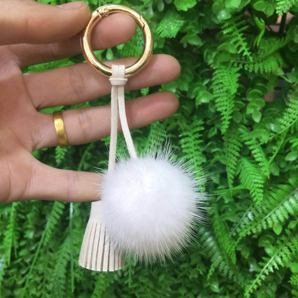 Genuine Mink pompom Keychain Mink ball Leather Tassle Bag Car Pendant Fur PomPom Keychain Genuine Fur Charm Keychain