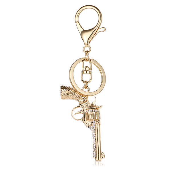 Fashion Gold Color Lobster Clasp Keyring Dangle White Rhinestone Gun Charm Metal Keychains For Men Car Accessories