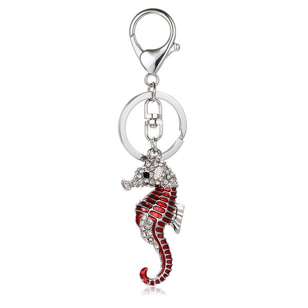 Fashion Silver Color Metal Lobster Clasp Keyring Dangle Rhinestone Enamel Seahorse Animal Charm Keychains For Men Jewelry