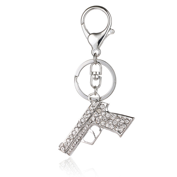 Fashion Silver Color Lobster Clasp Key Rings Dangle Rhinestone Gun Charm Metal Keychains For Men Key Accessories