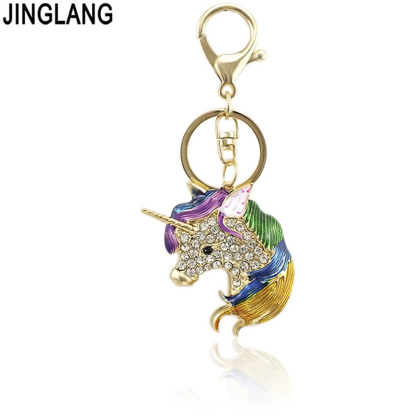 JINGLANG Cute Unicorn Crystal Key Chains Rings Holder For Women Rhinestone Purse Bag Buckle Pendant For Car KeyChains