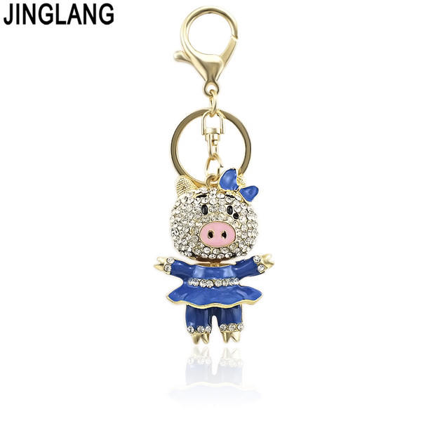 JINGLANG Cute Trinket Rhinestone Pig Keychains Metal Car Keyring Fashion Animal Women Handbag Key Holder