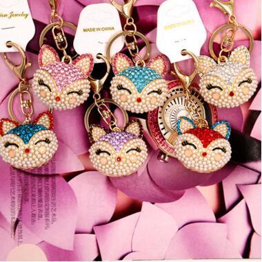 Artificial fox Keychain for Handbag Car Key Ring Cute Fox Inlay Simulated Pearl Pendant Key Chains Fox Keyring Crystal Keychains