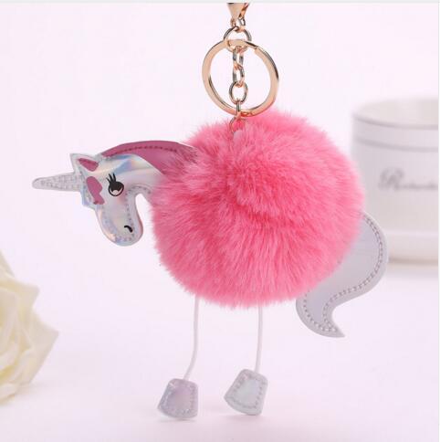 Cute Fluffy Unicorn Keychain Faux Rabbit Fur Ball Pom Pom Key Chains Bag Charms Trinket Pony Car Key Ring Horse Keychains Handbag Pendant