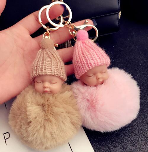 12 Colors Cute Sleeping Baby Doll Keychain Pompom Rabbit Fur Ball Key Chain Car Keyring Women Key Holder Bag Pendant Charm Accessories