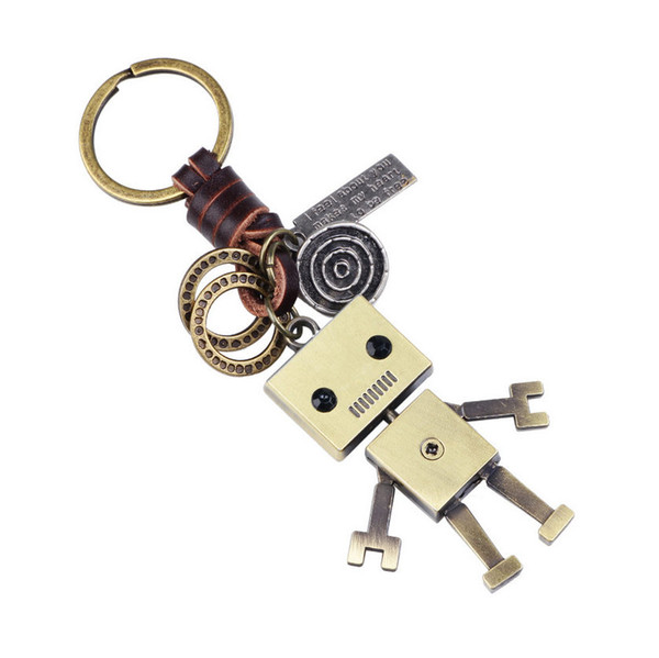 Vintage Key Rings Jewelry Creative Persaonlity Fashion High Quality Knitting Leather Antique Bronze Plated Alloy Robot Keychains Gift LK002