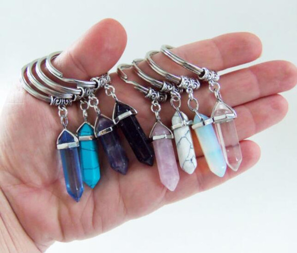 Hexagonal Prism Natural Stone Pendant Keychain Bullet Crystal Charms Key rings Jewelry Fashion Accessories