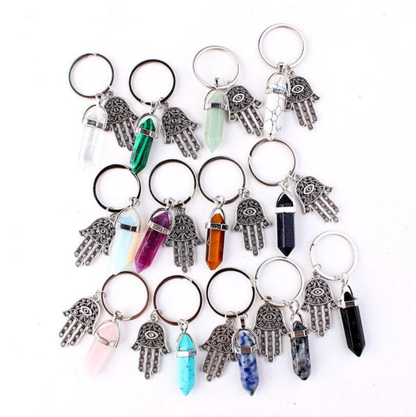 Hexagonal Prism Natural Stone Pendant Keychain Hand of Fatima Bullet Crystal Charms Key rings Jewelry Fashion Accessories