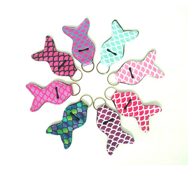 Mermaid Tail Printed Cover Girl Lipstick Keychains Neoprene Chapstick Cover Sleeve Key Ring Multi Colors Key Chain Party Favors