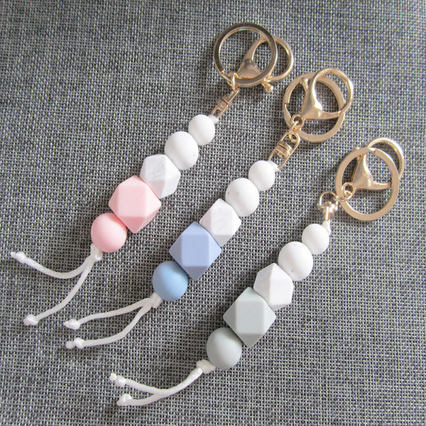 Silicone Bead Teething Keychains Baby Chewable Key Ring Toy Mama Key Chain Nappy Bag Charm Food Grade Silicone Beads Modern Jewelry