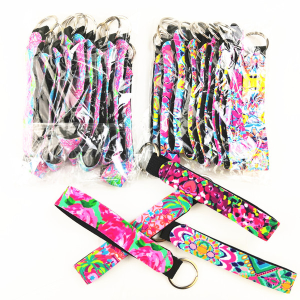 Neoprene Wristlet Keychains Lanyard Colorful Prints Key Fob Rose Flower Sea Printed Soft Key Chain Keyrings Holder Fashion Gifts