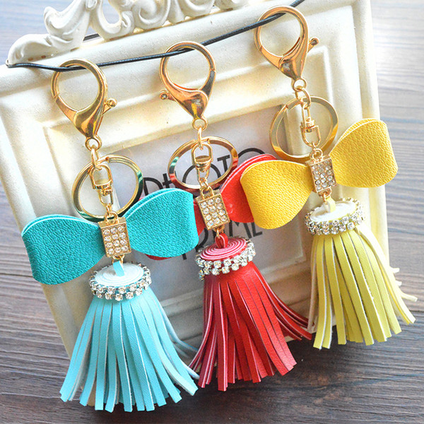 Creative Diamond Bowknot Flower Tassel Keychain Car Key Ring Bag Pendant 9 Colors Available PU Material Superman Keychain DHLM478