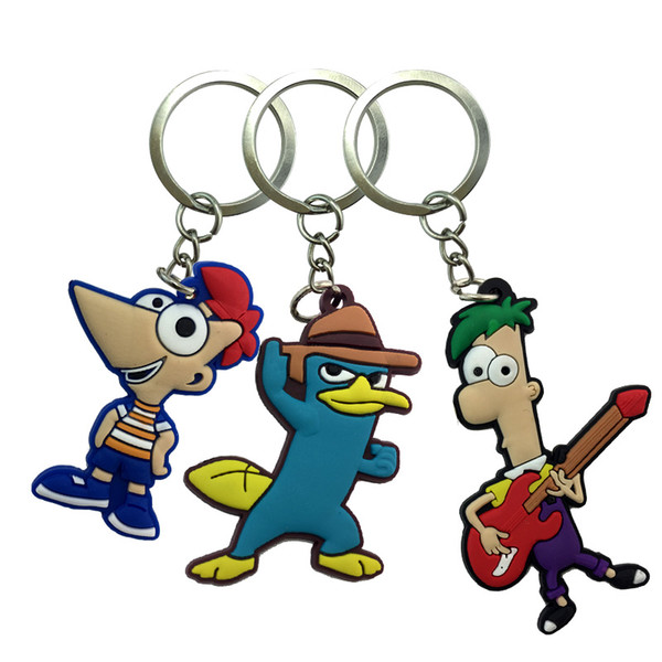 MOQ=10PCS Phineas and Ferb Metal Key Chain Cute Cartoon Soft Key Ring PVC Anime Figure Keychain Car Key Holder Fashion Accessories Wholesale