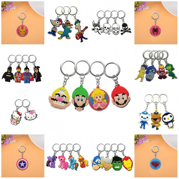 MOQ=500PCS Metal Key Chains Cute Cartoon Soft Key Ring PVC Anime Figure Keychain Car Key Holder Super Mario Avengers Trolls etc -Free DHL