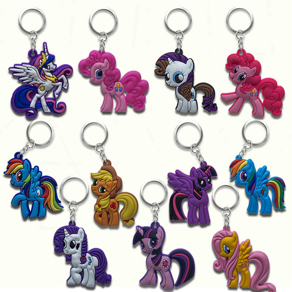 MOQ=500PCS My Little Horse Metal Key Chains Cute Cartoon Soft Key Ring PVC Anime Figure Keychain Car Key Holder Ornament Decoration-Free DHL