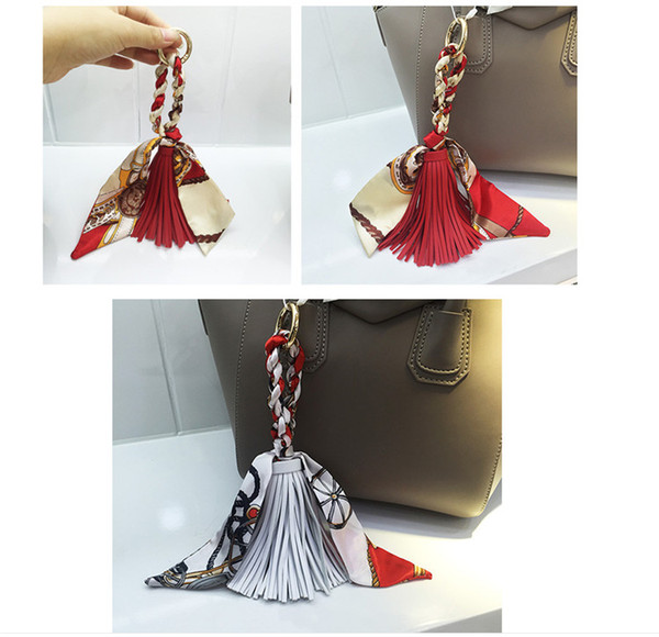 Spring and summer leather silk scarf tassel pendant ladies fashion creative bag accessories key chain key ring pendant