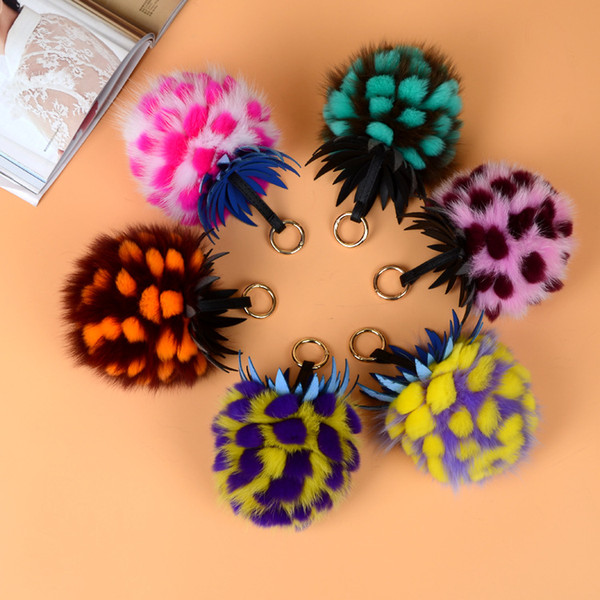 13CM size Wholesale Colorful Real Fox + Rabbit Fluffy Fur Pom Poms fur Balls, pineapple shape free shipping