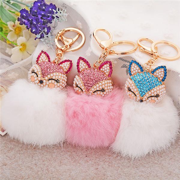 2019 lovely Genuine Leather Rabbit Fur Ball Plush Key Chain for Car Key Rings Bag Pendant Car Keychains F557