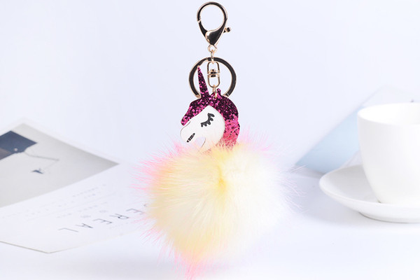 2019 Anime Horse Keychain Cute Unicorn Key Chain Pendant Women Car Styling Fluffy Fur Pompom Keyring Bag Hang Trinkets