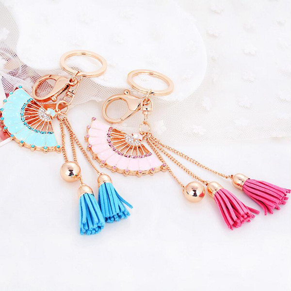 2019 Hand Fan Tassel Keychain Keyring - Gold Color Rhinestone Alloy Key Ring Chain Holder Bag Pendant Fashion Jewelry