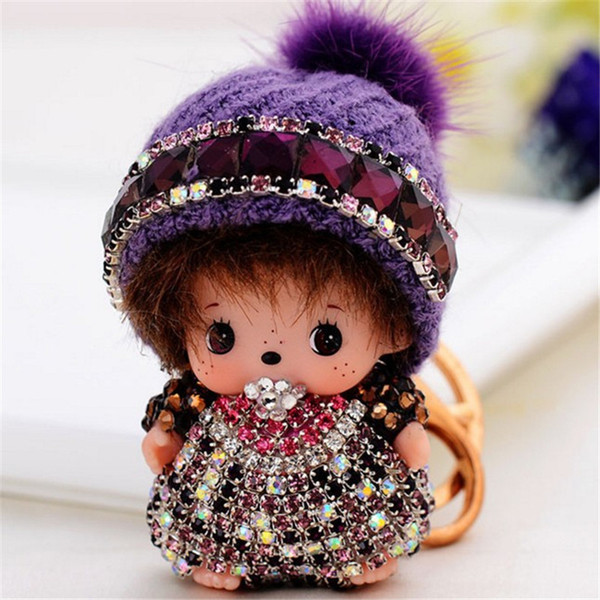 2019 Monchichi sleutelhanger real rabbit fur pom pom keychain Crystal Monchhichi Dolls pompom Key chain Woman bag car Charm pendant