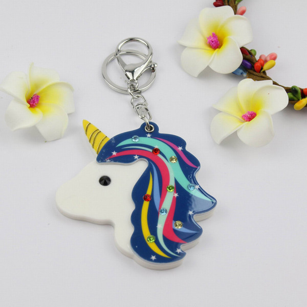 Unicorn mirror compact keychain hot welcomed design with stone key ring custome acrylic key charms promotion gifts