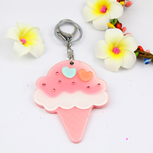 Crystal Ice cream mirror keychain lovely designed with two hearts pocket keyring acrylic keycharms promtional gifts