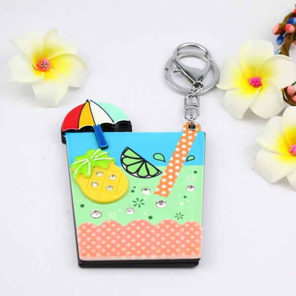 Fruit compact square mirror keychain summer design pineapple keycharm cute cup acrylic keyholder fashion bag accessories pocket gifts promot