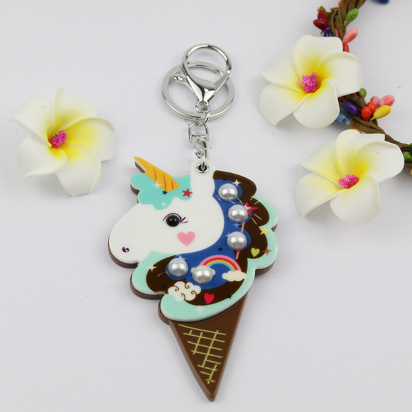 Ice Cream Unicorn mirror compact keychain hot welcomed design round shape key ring custome acrylic key charms