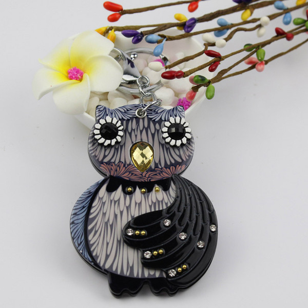 Owl compact mirror keycharm hot sale keychain with stone acrylic keyholder fashion bag accessories pocket gifts promotion