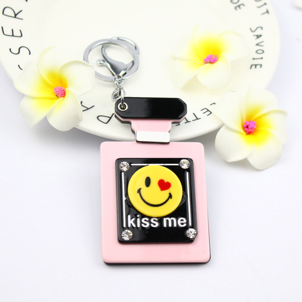 Happy Face compact mirror keychain emoji bottle mirror keychain smile designed square shape acrylic keyholders keyring for b