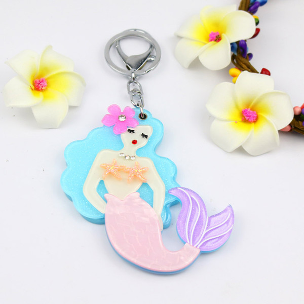 Mermaid compact mirror keychain hand key charms pocket key ring fashion accessores welcomed gifts nice design cars bags hanger