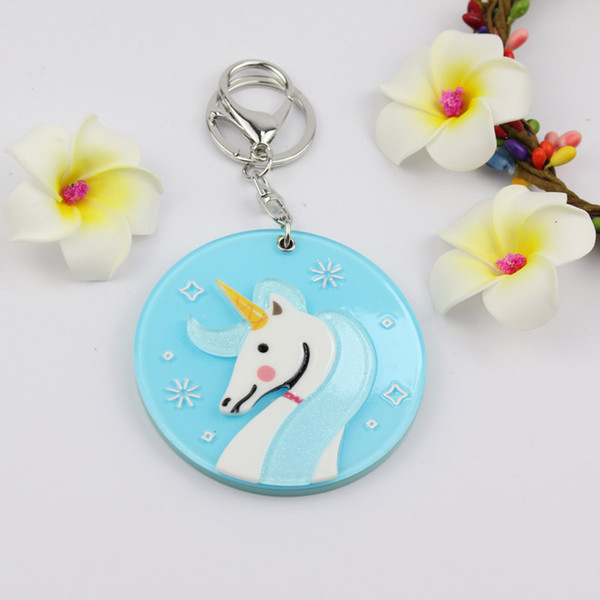 Unicorn mirror compact keychain hot welcomed design round shape key ring custome acrylic key charms promotion gift