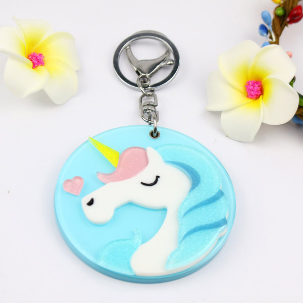 Unicorn mirror compact keychain hot welcomed design round shape key ring custome acrylic key charms fashion pocket gifts