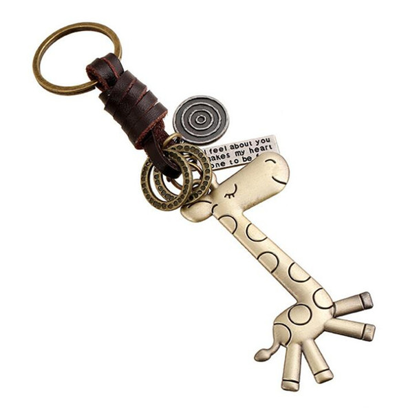 New Cute Alloy Giraffe Retro Woven Cowhide Key Chain With Key Ring Deer For Kids Chain Cute Lovely