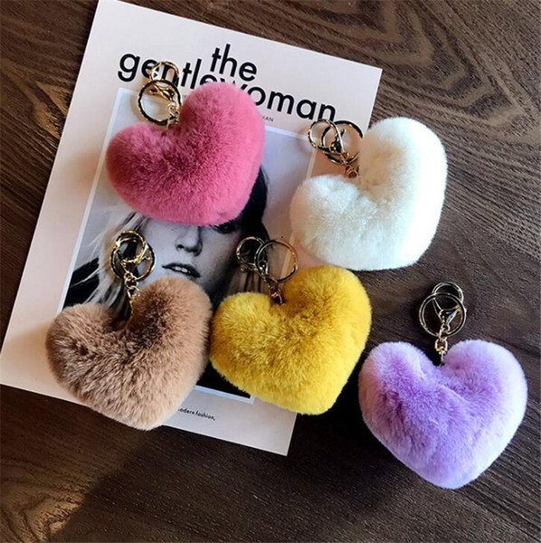 New Rabbit Fur Heart Shape Keychain Soft Fur Lovely Gold Metal Key Chains Pom Poms Plush Keychain Car Keyring Bag Earrings Accessories