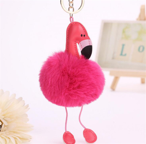 New Flamingo Fur Animal Shape Keychain Soft Fur Lovely Gold Metal Key Chains Pom Poms Plush Keychain Car Keyring Bag Earrings Accessories