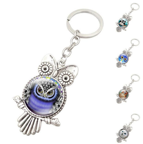 New Retro Owl Key Rings Ancient Silver Owl Shape Owl Glass Cabochon Keychain Key Rings Holder Bag Hangs Fashion Jewelry