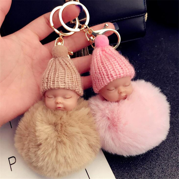 Fluffy 12 color Cute Sleeping Baby Doll Keychain Pompom Rabbit Fur Ball Key Chain Car Keyring Women Key Holder Bag Pendant Charm Accessories