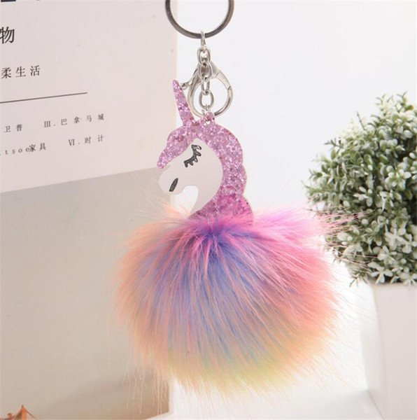 New Unicorn Horse Pom Pom Phone Car Keychain Pendant Handbag Key Ring Chain Pendant Women Car Styling Fluffy Fur Pompom Keyring