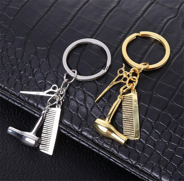 New Wash Cut Blow Comb Hair Dryer Scissors Key Ring Three-Piece Set Of Hairdryer And Hairbrush Scissors Key Chain