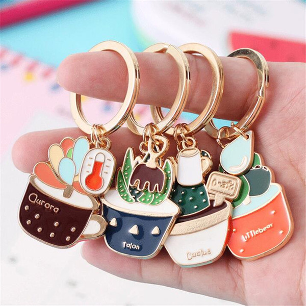 New Enamel Cactus Keychains Women Succulent Potted Keychain Beach Style Hat Rings Creative Car Key Holder Cute Key Finder Bag Rings