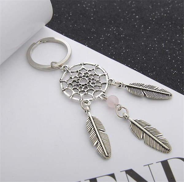 Fashion Gift Pink Black Beads Dreamcatcher Feather Wind Chimes Dream Catcher Key Chain Women Vintage Indian Style Keychain Key Pendant