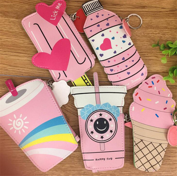 Cute Cartoon Mini Wallets Packsack Coin Holder Keychains PU Leather Camera Ice Cream Beverage Bottle Wallets Keychains 5 Styles