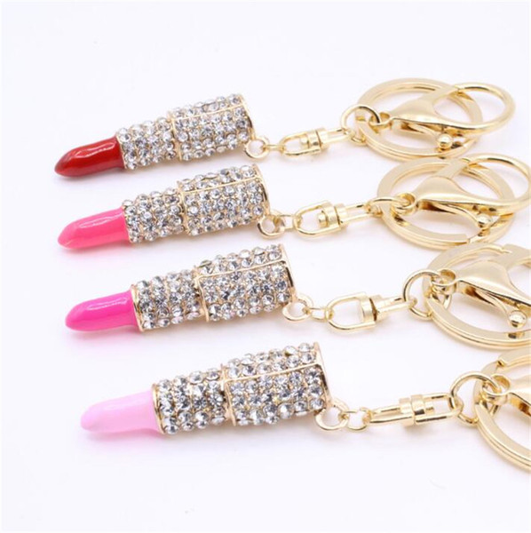 Fashion Jewelry Metal Diamond Rhinestone Crystal Lipstick Key Chain Bag Car Accessories Key Ring Pendant Key Chain