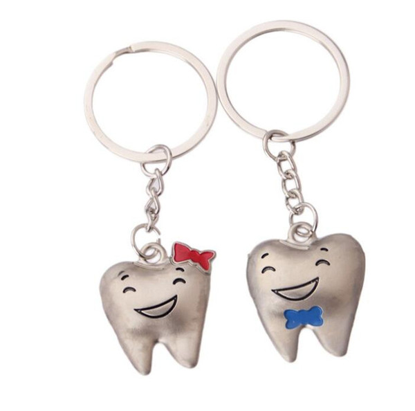 Wholesale Cartoon Teeth Keychain Dentist 2 Pcs=1 Pair Decoration Key Chains Stainless Steel Tooth Model Dental Clinic Gift