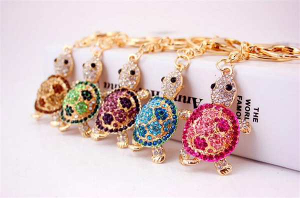 Cute Rhinestone Trinket Gold Color Rhinestone Tortoise Keychains Metal Car Keyring Fashion Animal Turtle Women Handbag Key Holder