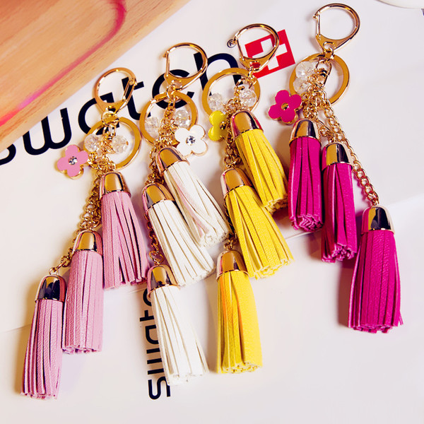 KEYRING 2016 Tassel Camellia Leather Tassels Keychain Bag Pendant Car Ornaments Creative Gifts Long Key Chain Buckle Key Ring Mixed Desings