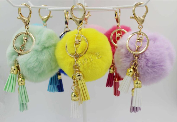 Free shipping Retal Soft Real Rabbit Fur Ball Metal tassel Key Chains Ball Pom Poms Plush Keychain Car Bag Pendant Key rings